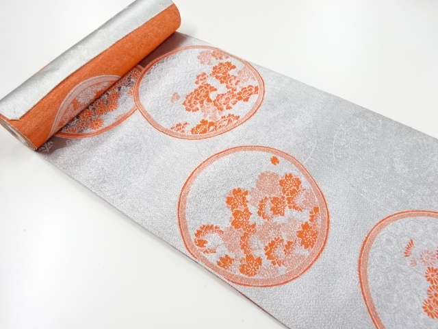 JAPANESE KIMONO / ANTIQUE BOLT FOR KYUSUN OBI / WOVEN FLOWER ROUNDEL